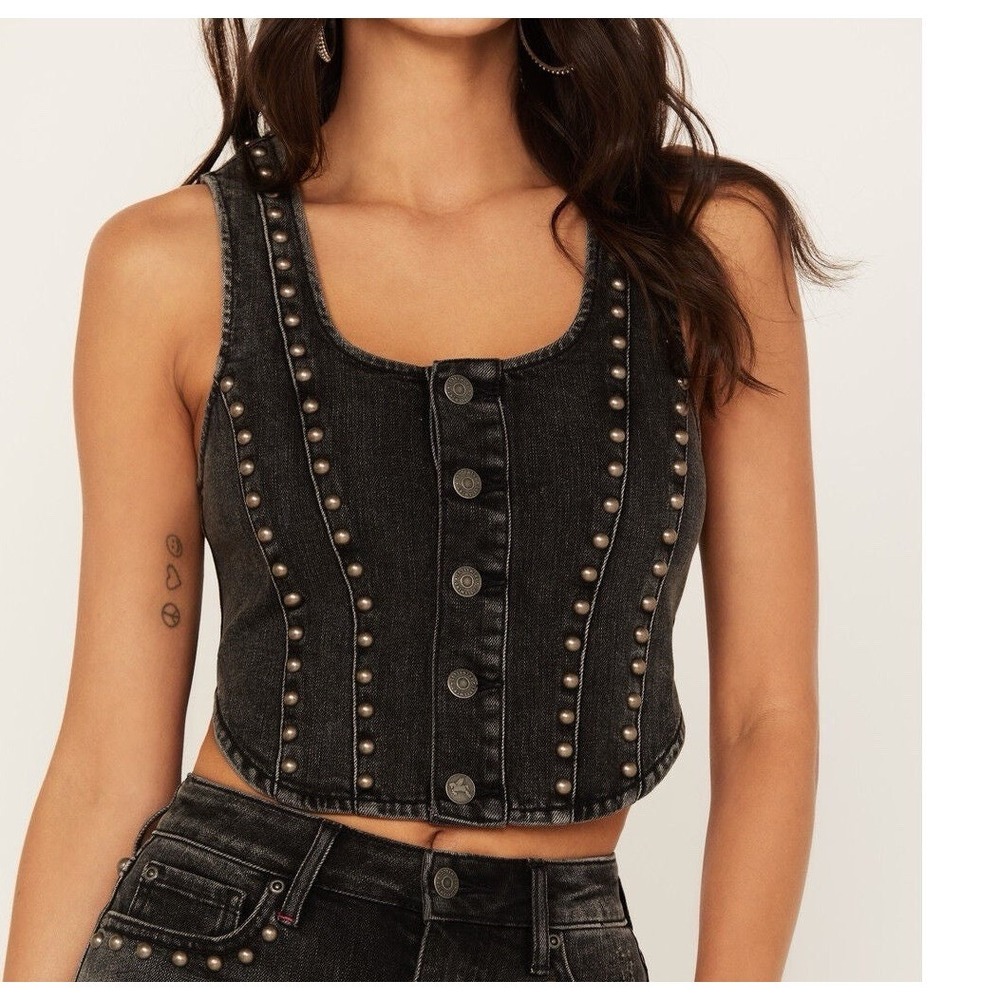 Black Studded Denim Corset Vest
